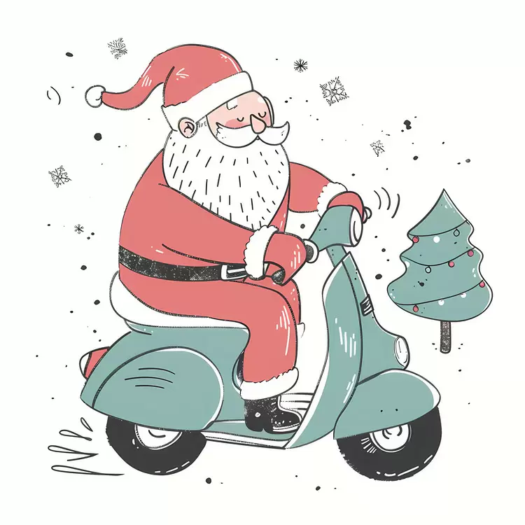 Hand-drawn vector art Digital drawing of Santa Claus on a moped Handmade illustration for holiday greetings Santa Claus riding on a moped Cartoon character riding a motor scooter
