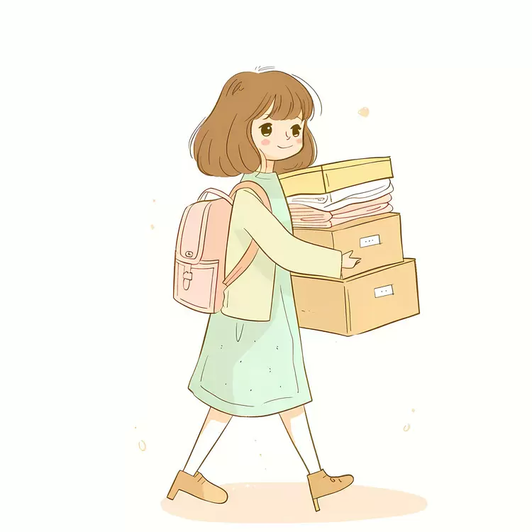 school supplies Girl carrying box cute girl cartoon character stack of boxes
