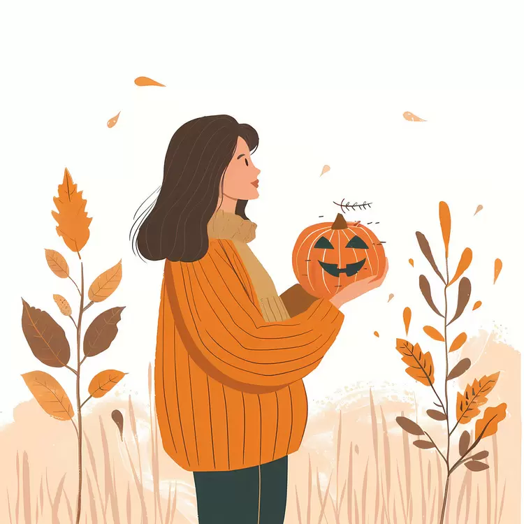 autumn leaves halloween orange sweater girl woman holding pumpkin