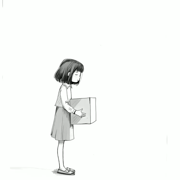 holding onto it tightly standing still with a pensive expression with her back to the camera holding a box