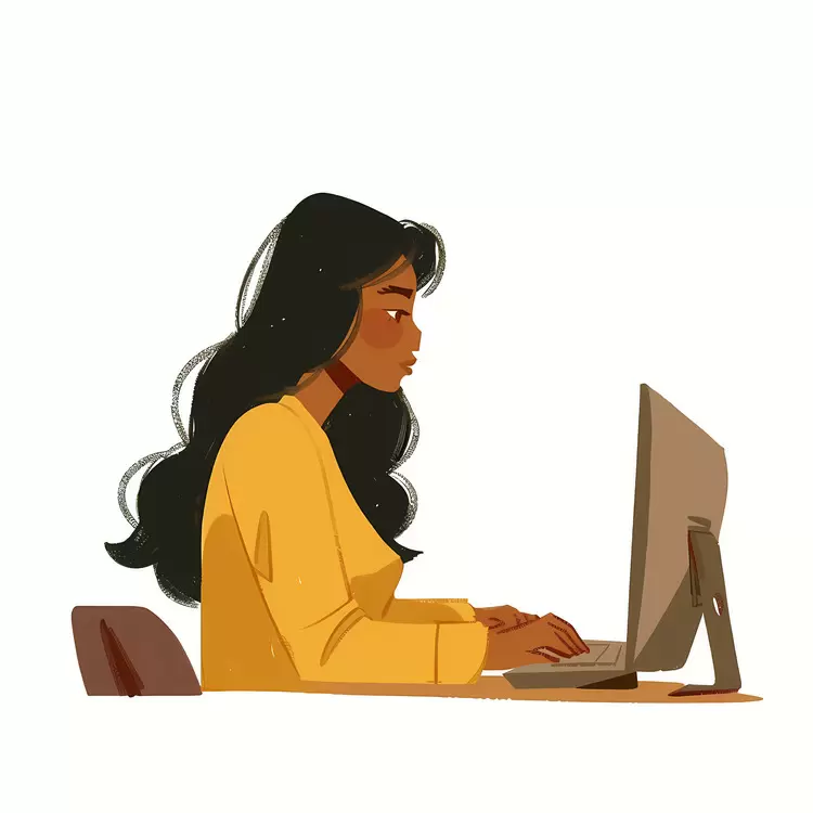 long hair black pants woman at work yellow shirt sits in a chair