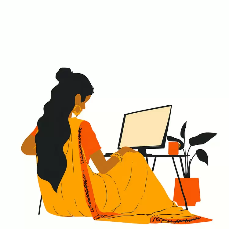 working on her laptop A woman sitting in front of a potted plant A woman using her laptop in a home office wearing a sari Desk with papers and books on it