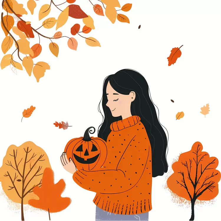 autumn fall decorations girl with pumpkin orange and black cartoon