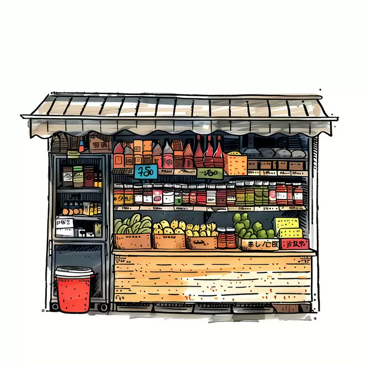 Grocery stall Basket of fruits Display of canned goods Food store