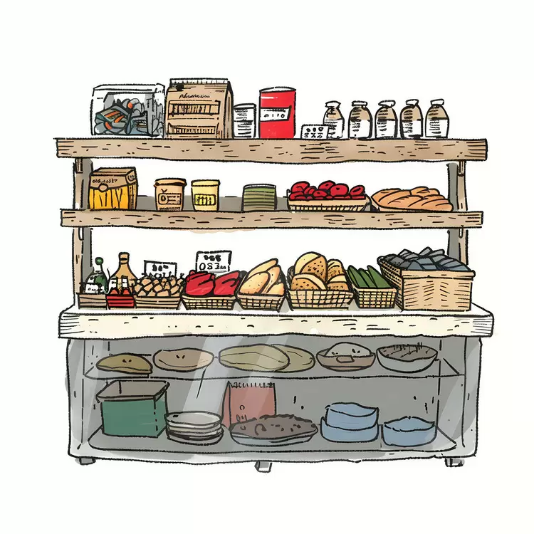 Grocery stall vegetables cheese pastries milk