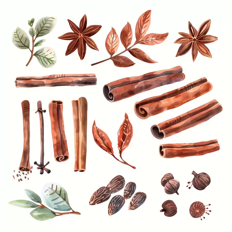 Star anise Herbs Cinnamon sticks Pepper