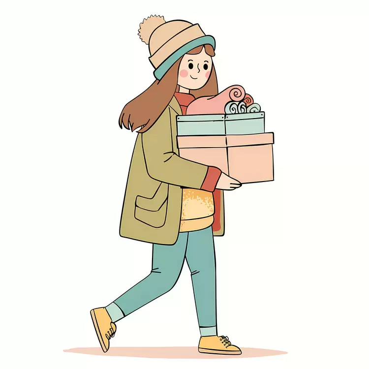 girl winter scene holding boxes carrying parcels winter gear