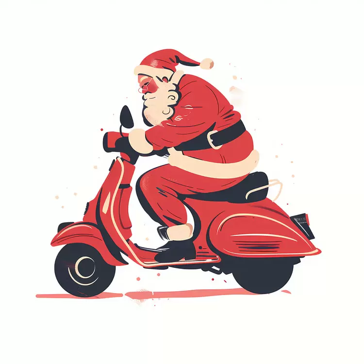 Santa riding scooter Santa Claus on a red scooter red and white santa gloves Santa Claus on a red motorcycle red and white santa hat