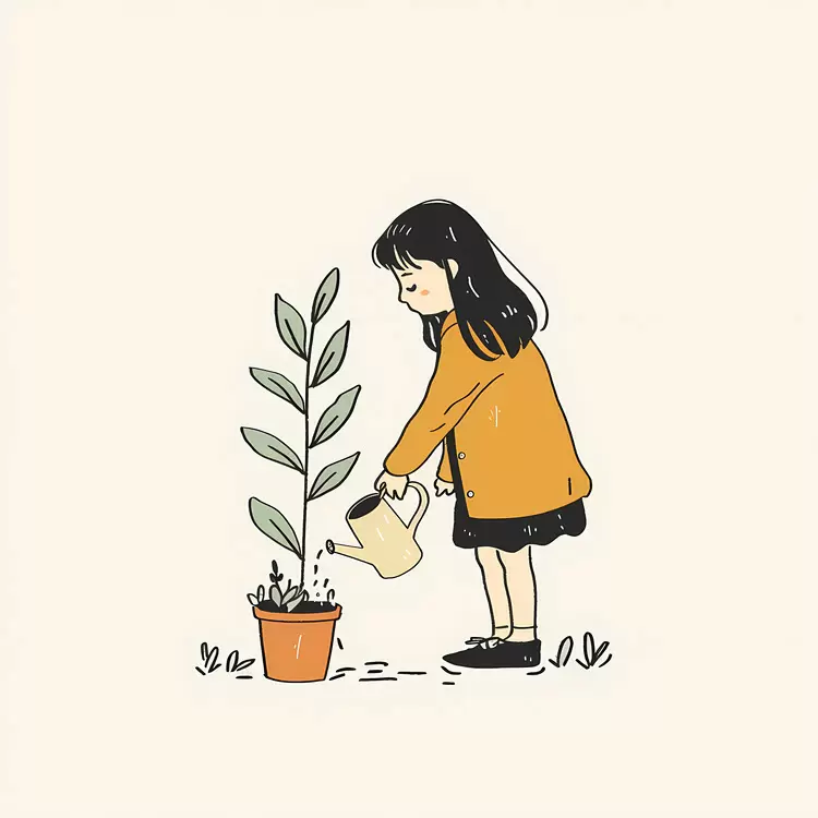 drawing cute Girl watering plant carefree