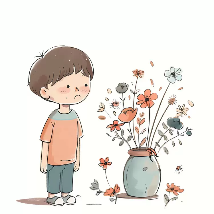 worried boy sad flowers water vase