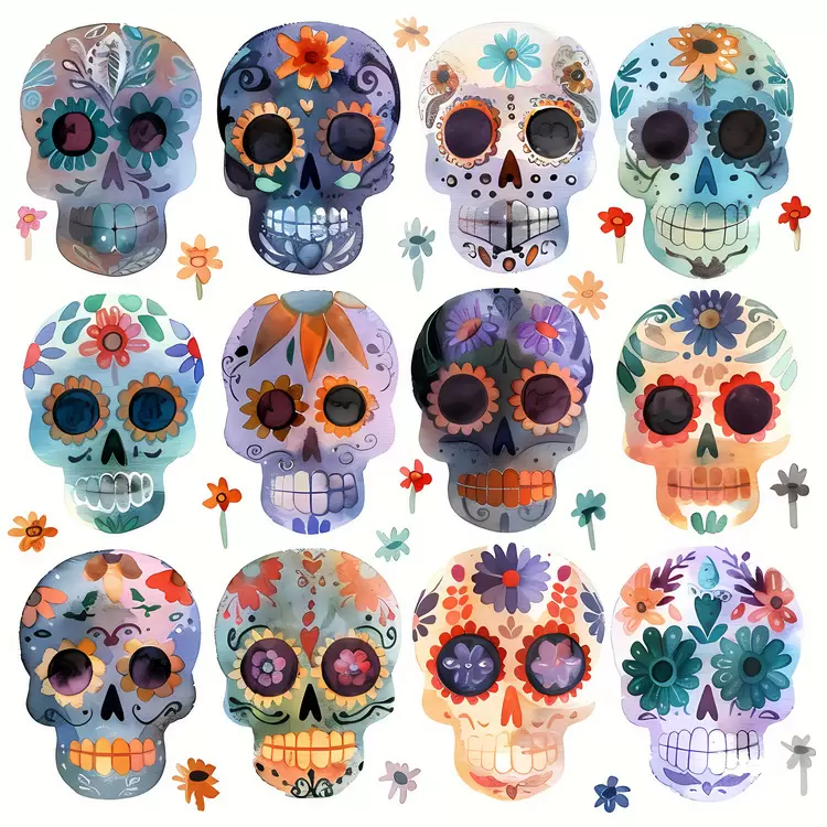 Sugar Skulls Skulls with Hearts Watercolor Skulls Colorful Skulls Mexican Folk Art