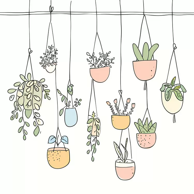 nature wall art flora and fauna illustration terrariums on strings greenery in pots on ropes plants hanging from strings