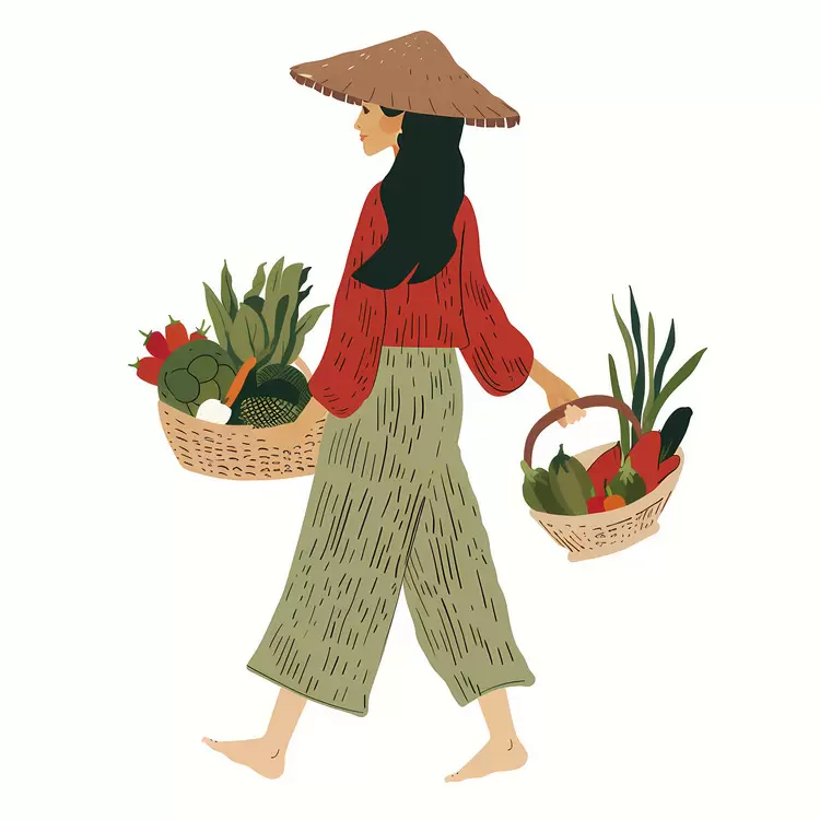 vegetable basket fresh foods healthy eating asian woman carrying baskets of produce vegetable market