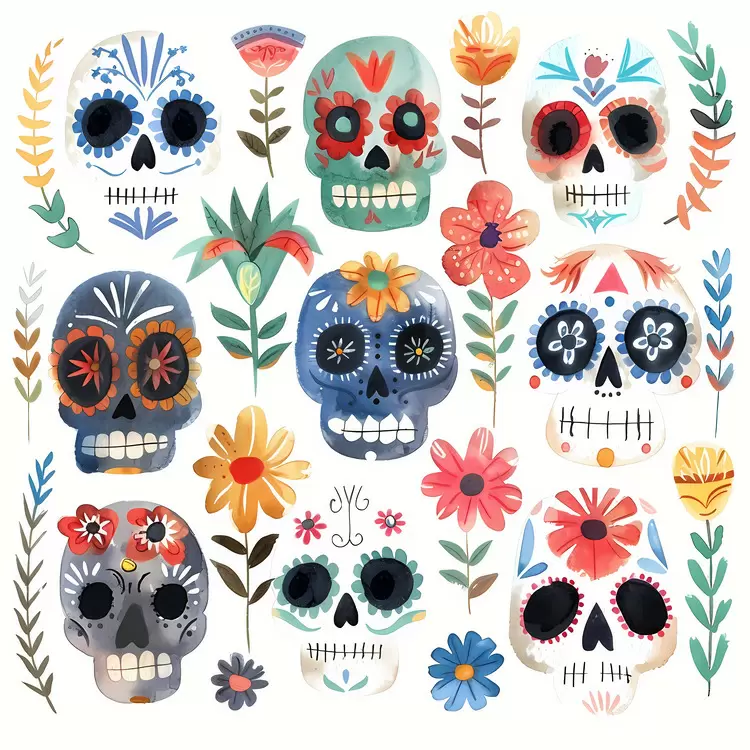 sugar skulls colorful Day of the Dead decorative folk art