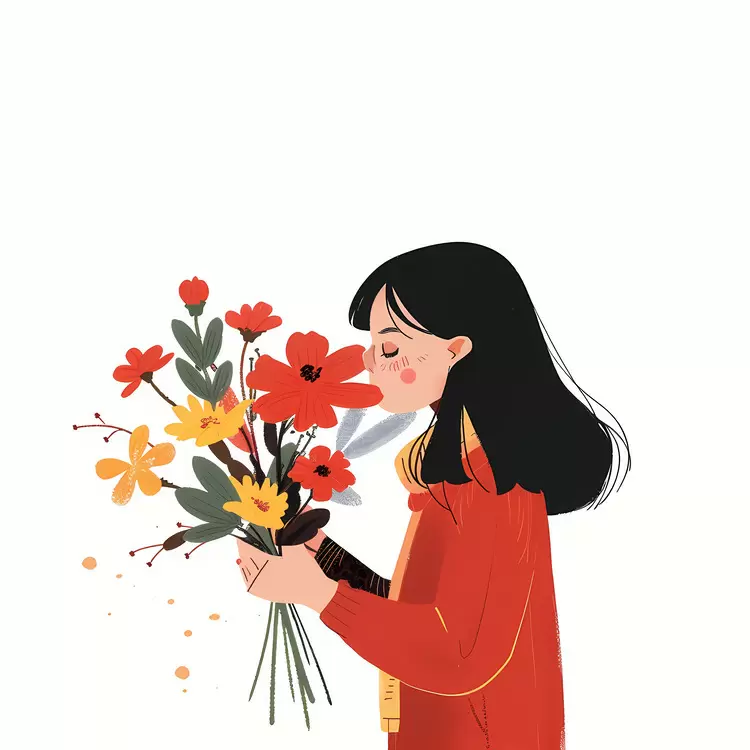 white shirt red sweater Woman Smelling Flowers hand-painted watercolor illustration