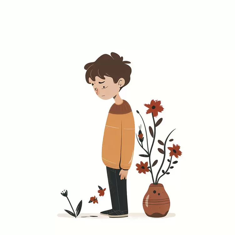 ground potted plant red vase orange shirt boy
