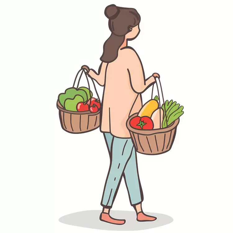 fruits and vegetables woman carrying baskets of vegetables healthy lifestyle eco friendly shopping healthy eating