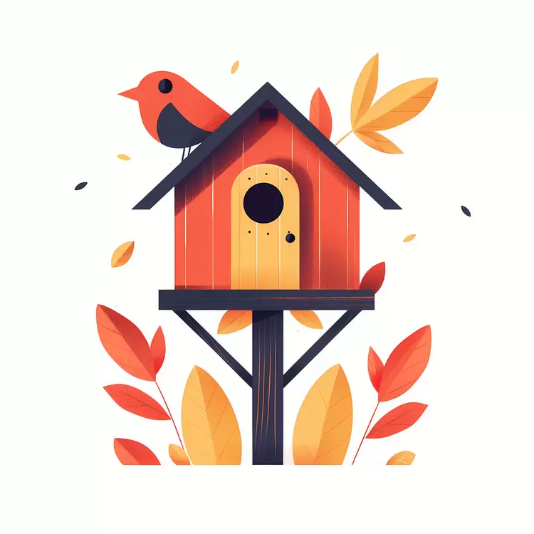 tree leaves yellow leaves bird on a perch bird house orange birdhouse
