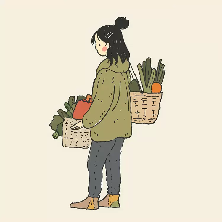 with a casual look Woman carrying baskets of produce on her back with a smiling face Woman holding vegetable baskets in her arms