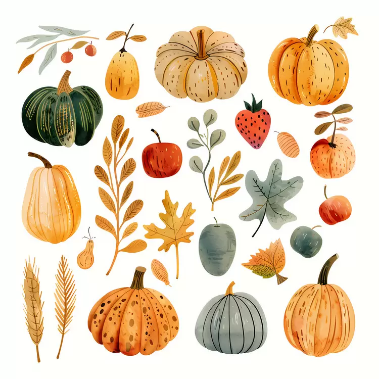 Harvest Watercolor Autumnal fruits Gourds Foliage