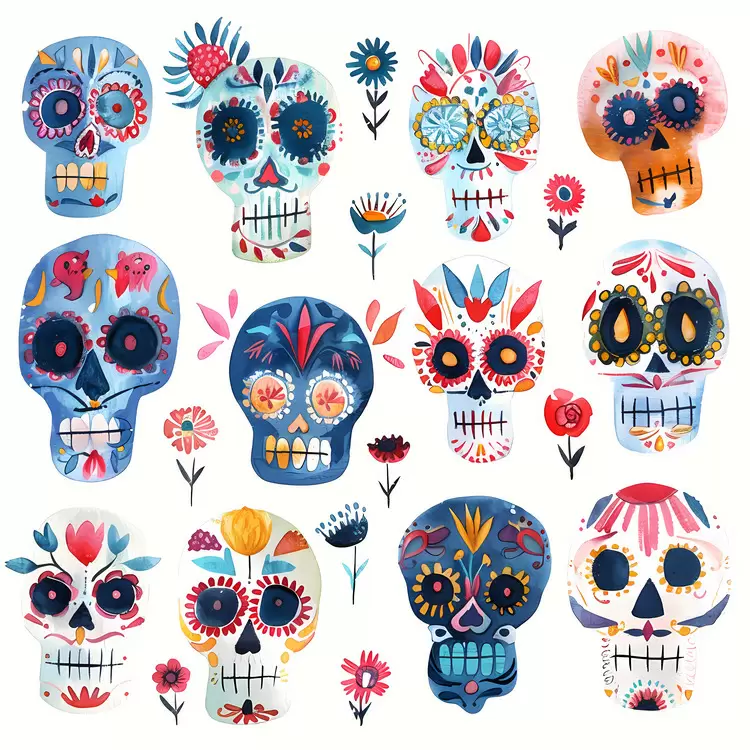 Whimsical folk art watercolor flower crown Mexican skulls