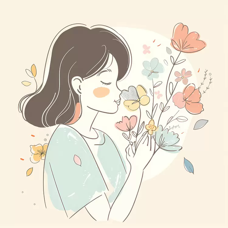 cute cartoonish style delicate Woman Smelling Flowers hand drawn