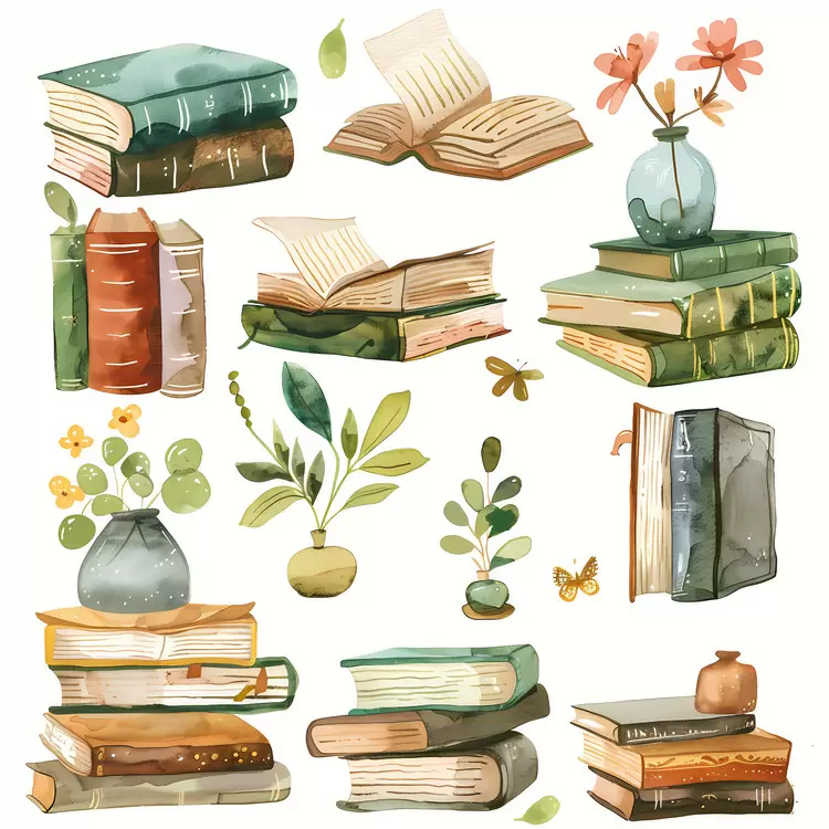 Book pages Potted plant Books Vintage-style design Botanical elements