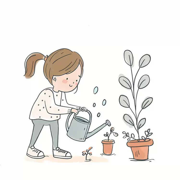 Plants Gardening Young girl Watering can Flower pots