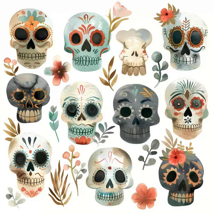 skulls whimsical day of the dead colorful hand painted