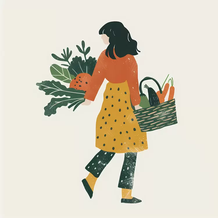 Outdoor market woman carrying basket with vegetables Seasonal fruits and vegetables Organic produce Healthy food options