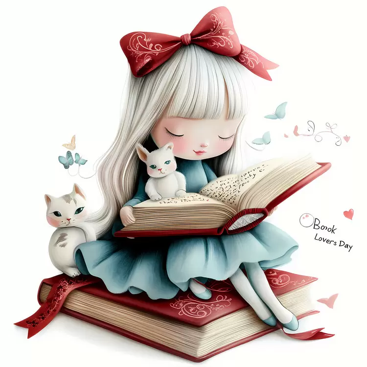 Red ribbon White hair Reading Heart shape Book Lovers Day