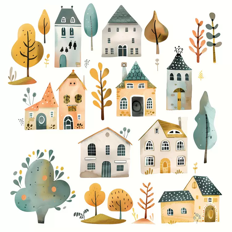 colorful watercolor foliage autumn town