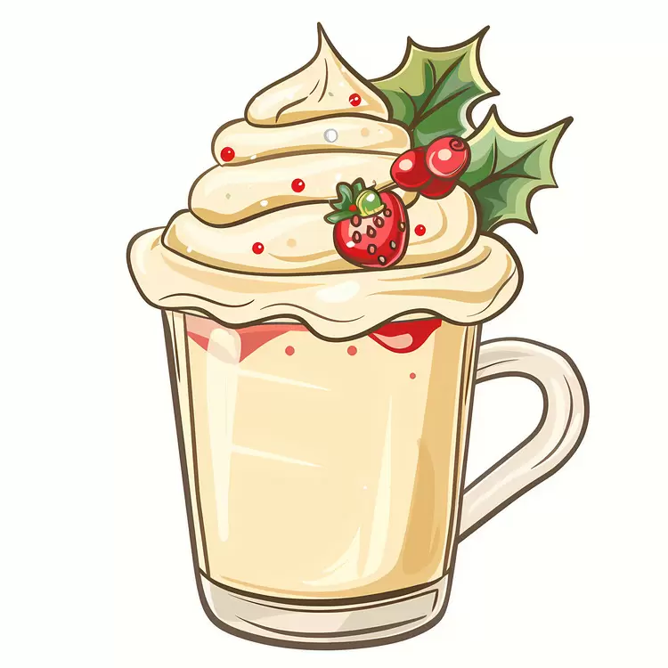warm drink for cold weather Christmas dessert mug hot chocolate with whipped cream and strawberry decorated cup of coffee or tea dessert in a glass
