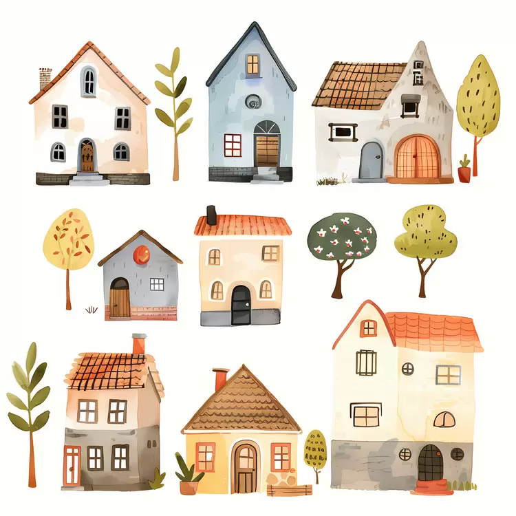 Watercolor Urban Rustic Cottages Small