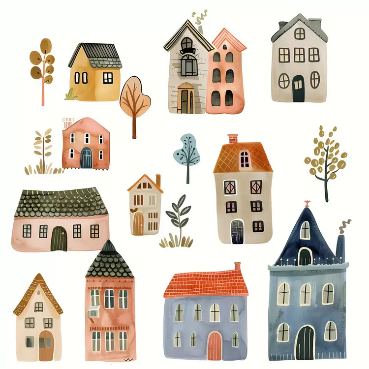 watercolor autumn cute small town whimsical