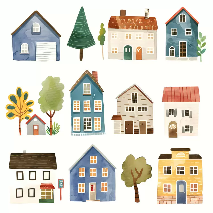 watercolor small houses houses and flowers houses and gardens Building