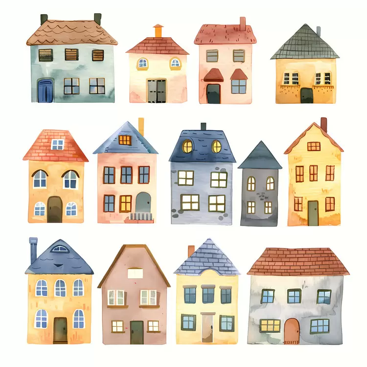 Houses on a white background Multi-storeyed houses Simple houses Watercolor houses Old-fashioned houses