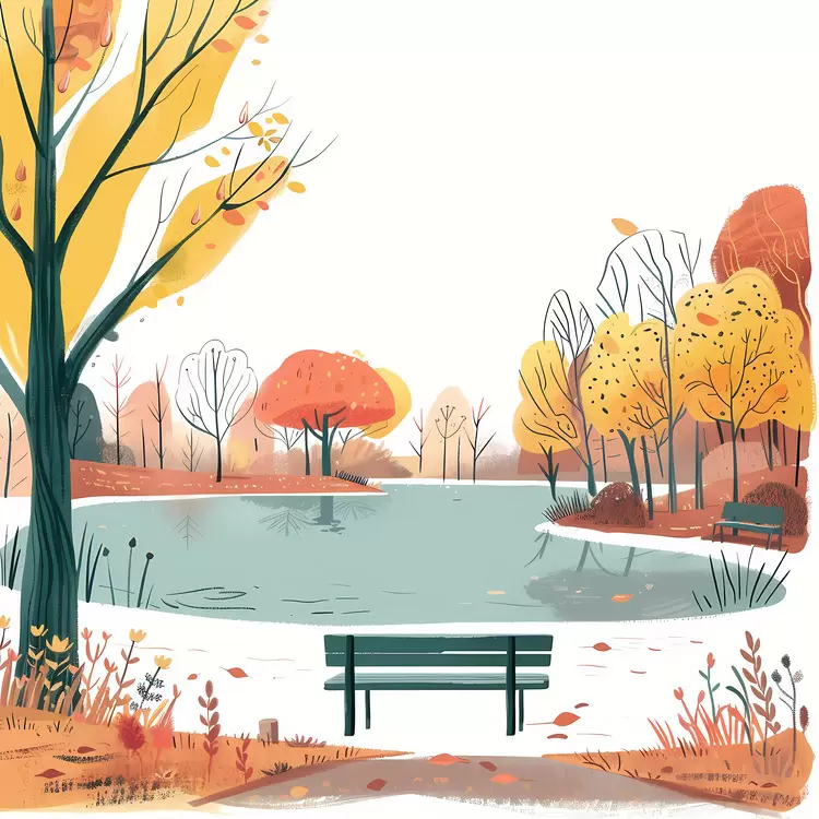 Path in the forest Fallen leaves Park scene Wooden bridge Park Lake