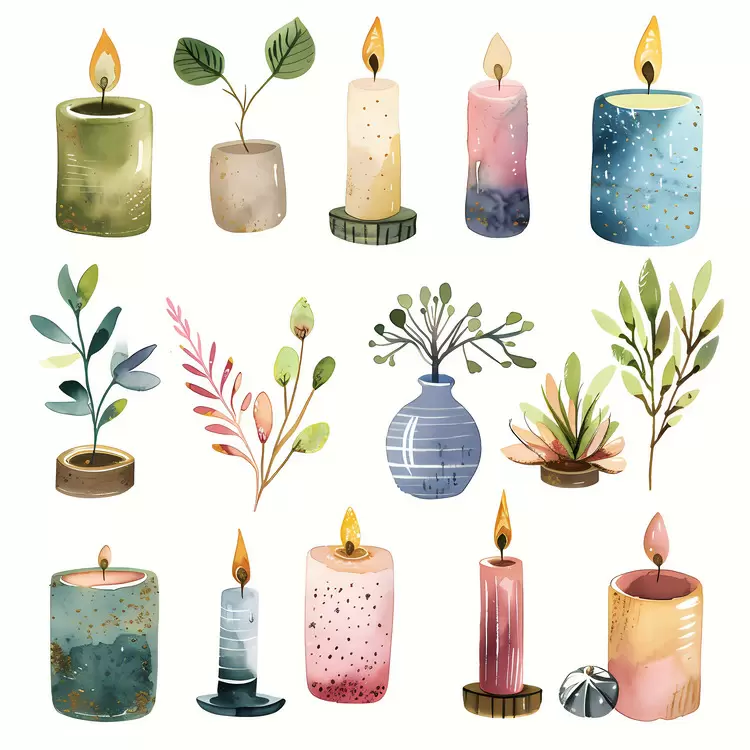 Candles floral decor greenery plants watercolor