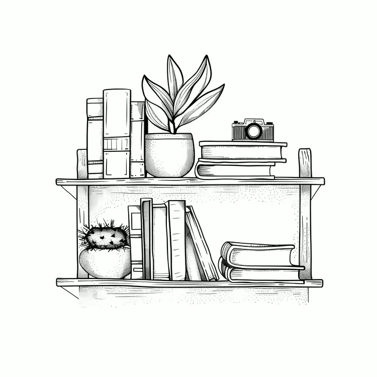 potted plant wooden shelf coffee mug Shelf with Books
