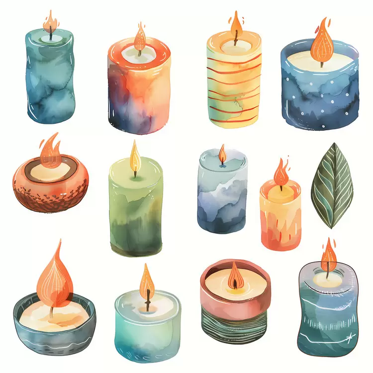 Peaceful ambiance Radiant beauty Relaxation Flickering flames Watercolor candles