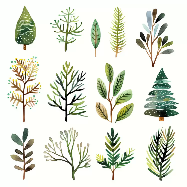 evergreen boughs Realistic painting Winter Tree bark Forest trees