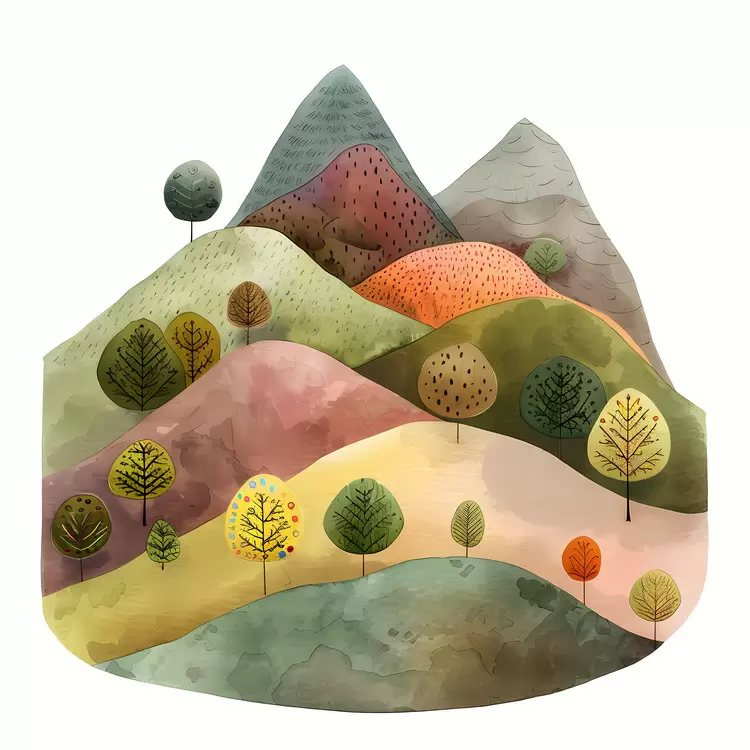 hills forest watercolor painting and red hues of green