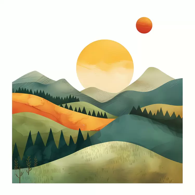 watercolor nature sun Mountainous hills landscape