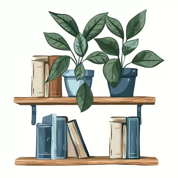 green plants book shelf bookshelf with books Flower pots