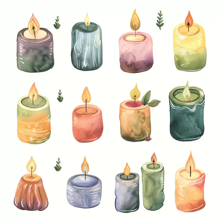 Orange candle flame Candles Watercolor painting Yellow candle flame White candle wax