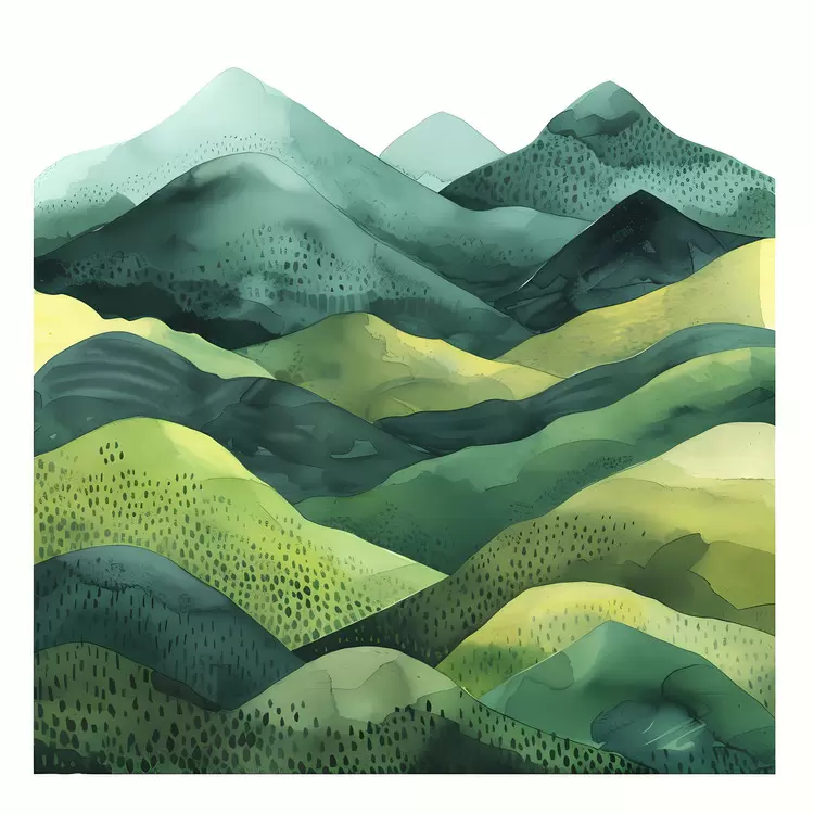 art nature mountains green hills watercolor painting