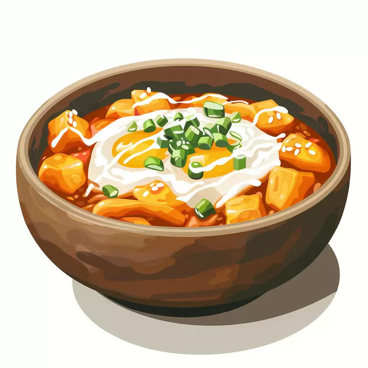 Hot food in a bowl Brown bowl with eggs and sausage Spicy soup Bowl of soup with eggs and sausage