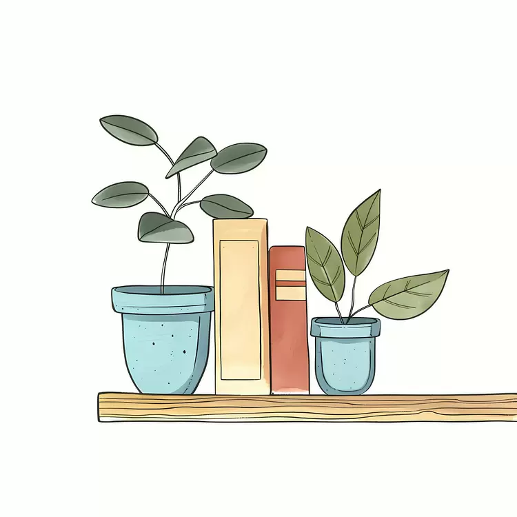 green leaves books on shelf shelf with vases and books stack of books Shelf with Books