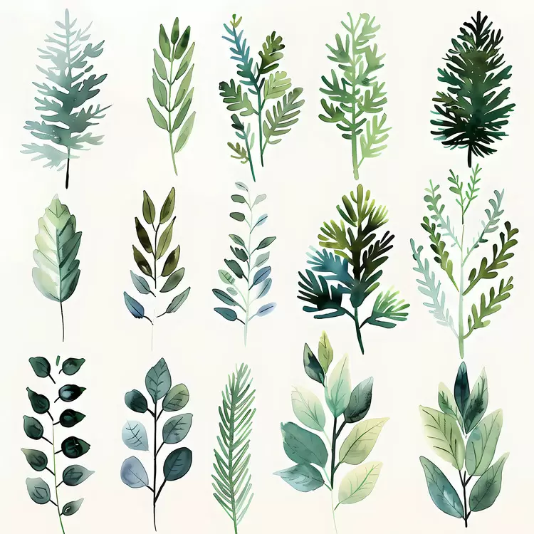evergreen boughs Evergreen leaves Botanical art Forest plants Watercolor greenery